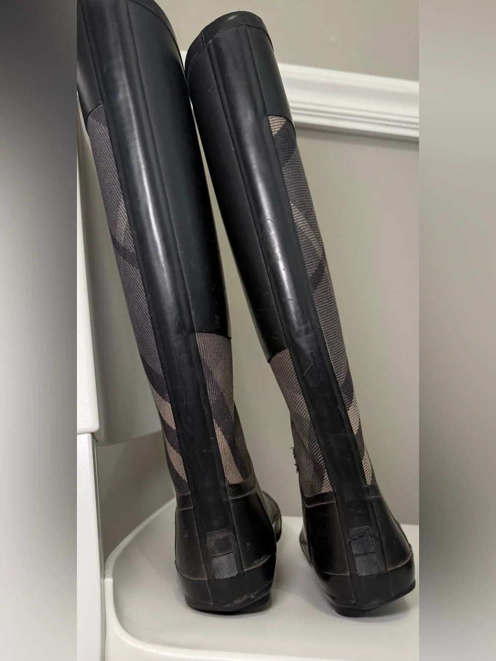 Burberry Black and Beige Plaid Over-the-Knee Rain Boots